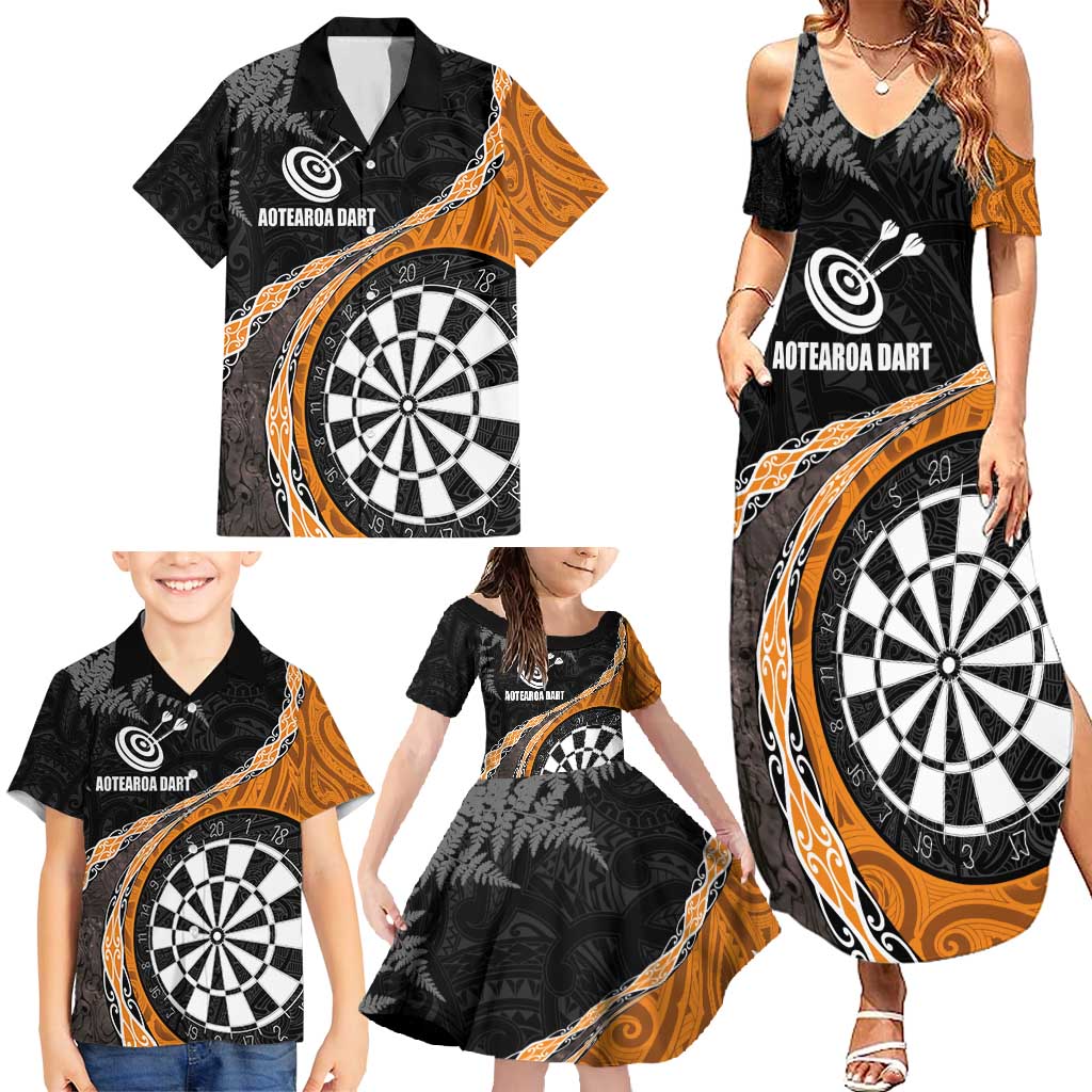 Personalised New Zealand Darts Family Matching Summer Maxi Dress and Hawaiian Shirt Koru Tribal Tattoo and Silver Fern Maori Pattern Orange Color