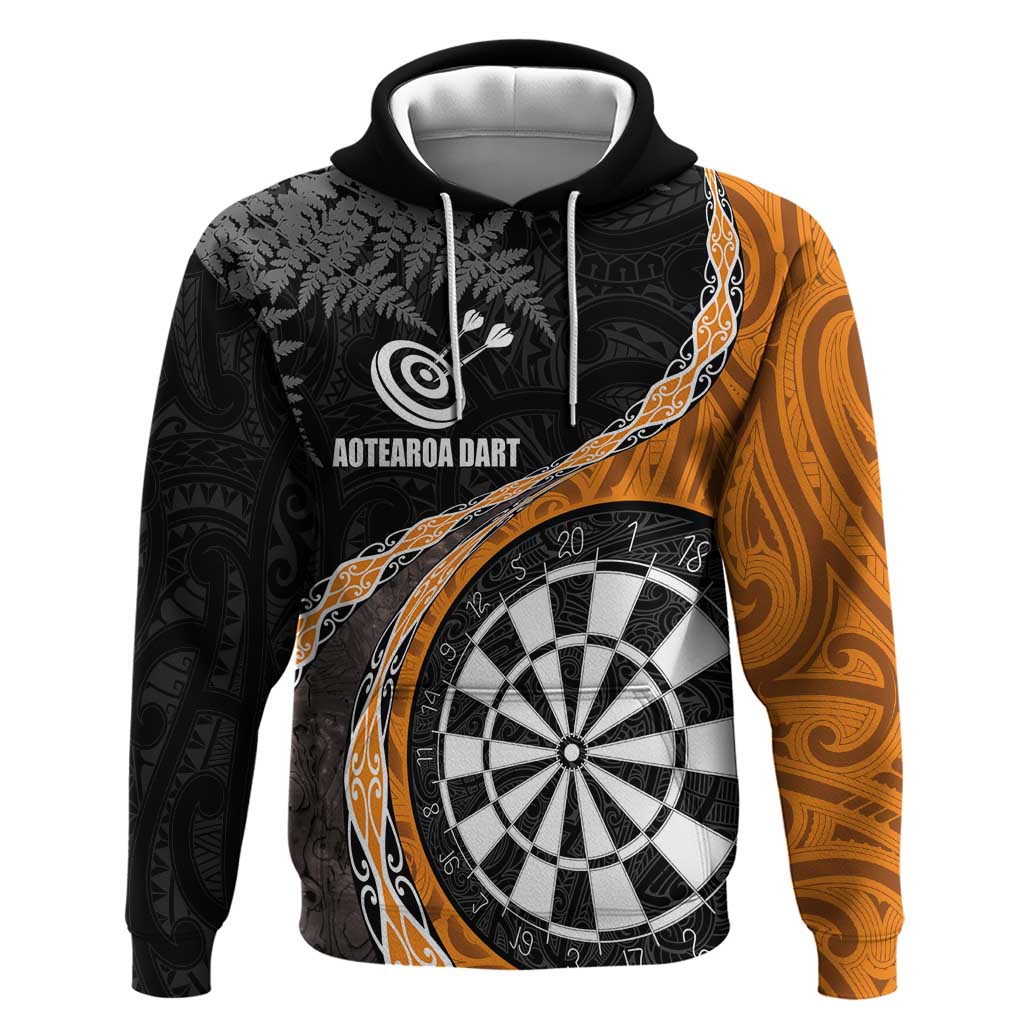 Personalised New Zealand Darts Hoodie Koru Tribal Tattoo and Silver Fern Maori Pattern Orange Color