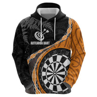 Personalised New Zealand Darts Hoodie Koru Tribal Tattoo and Silver Fern Maori Pattern Orange Color