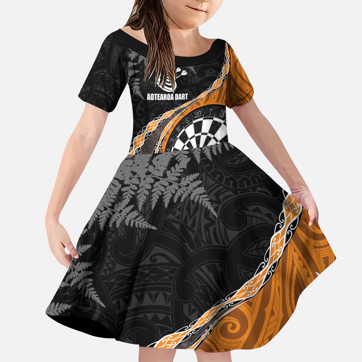 Personalised New Zealand Darts Kid Short Sleeve Dress Koru Tribal Tattoo and Silver Fern Maori Pattern Orange Color