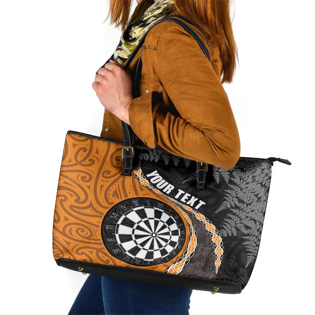 Personalised New Zealand Darts Leather Tote Bag Koru Tribal Tattoo and Silver Fern Maori Pattern Orange Color