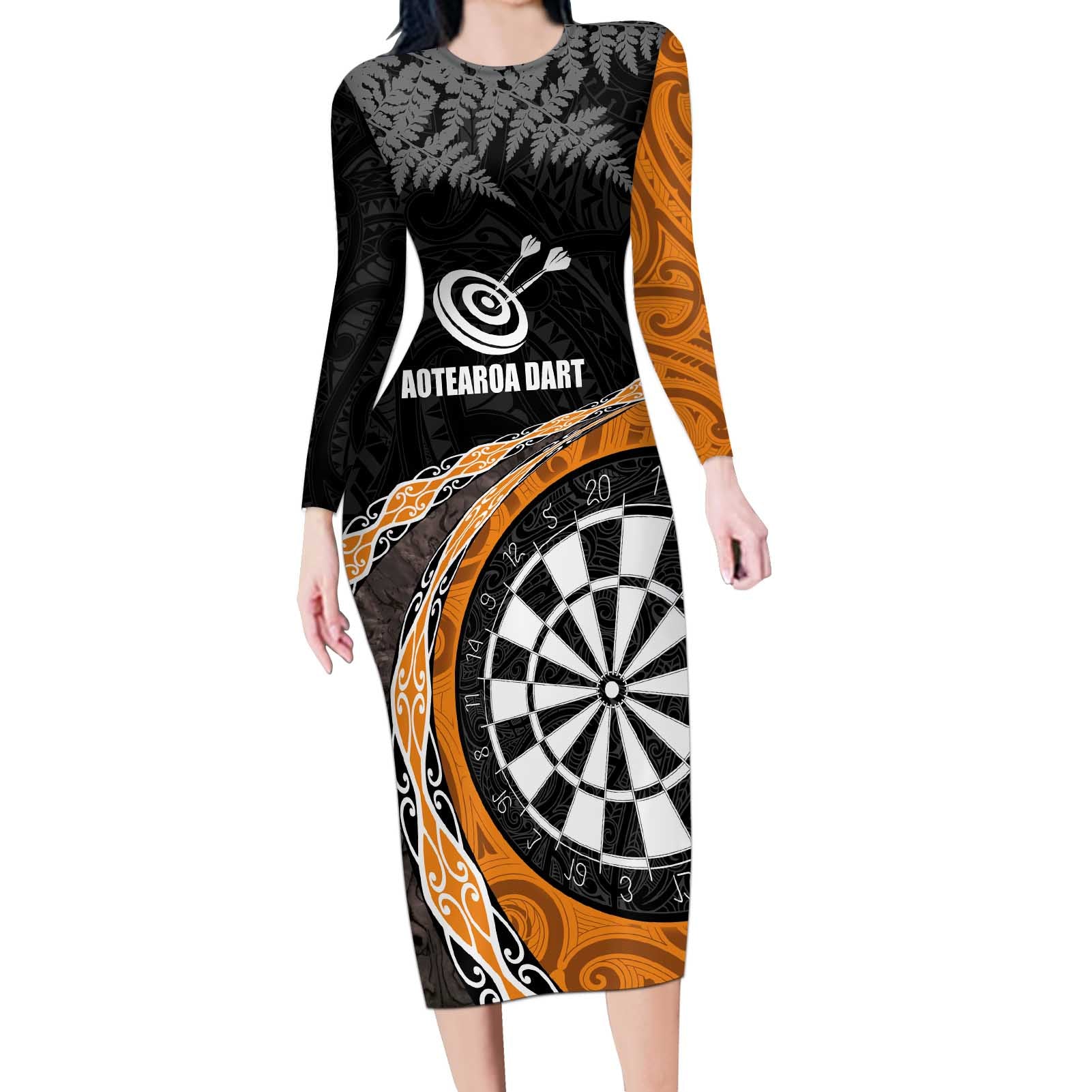 Personalised New Zealand Darts Long Sleeve Bodycon Dress Koru Tribal Tattoo and Silver Fern Maori Pattern Orange Color