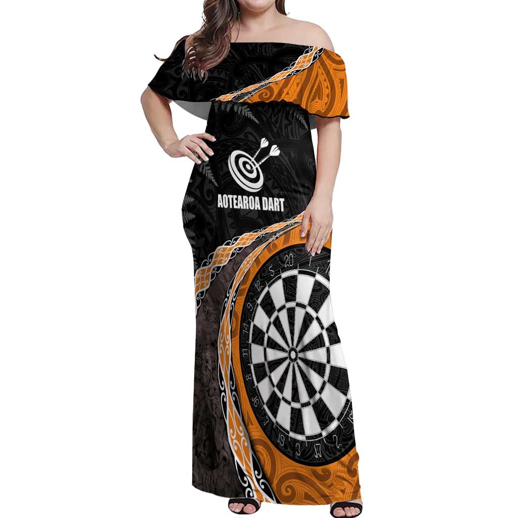 Personalised New Zealand Darts Off Shoulder Maxi Dress Koru Tribal Tattoo and Silver Fern Maori Pattern Orange Color