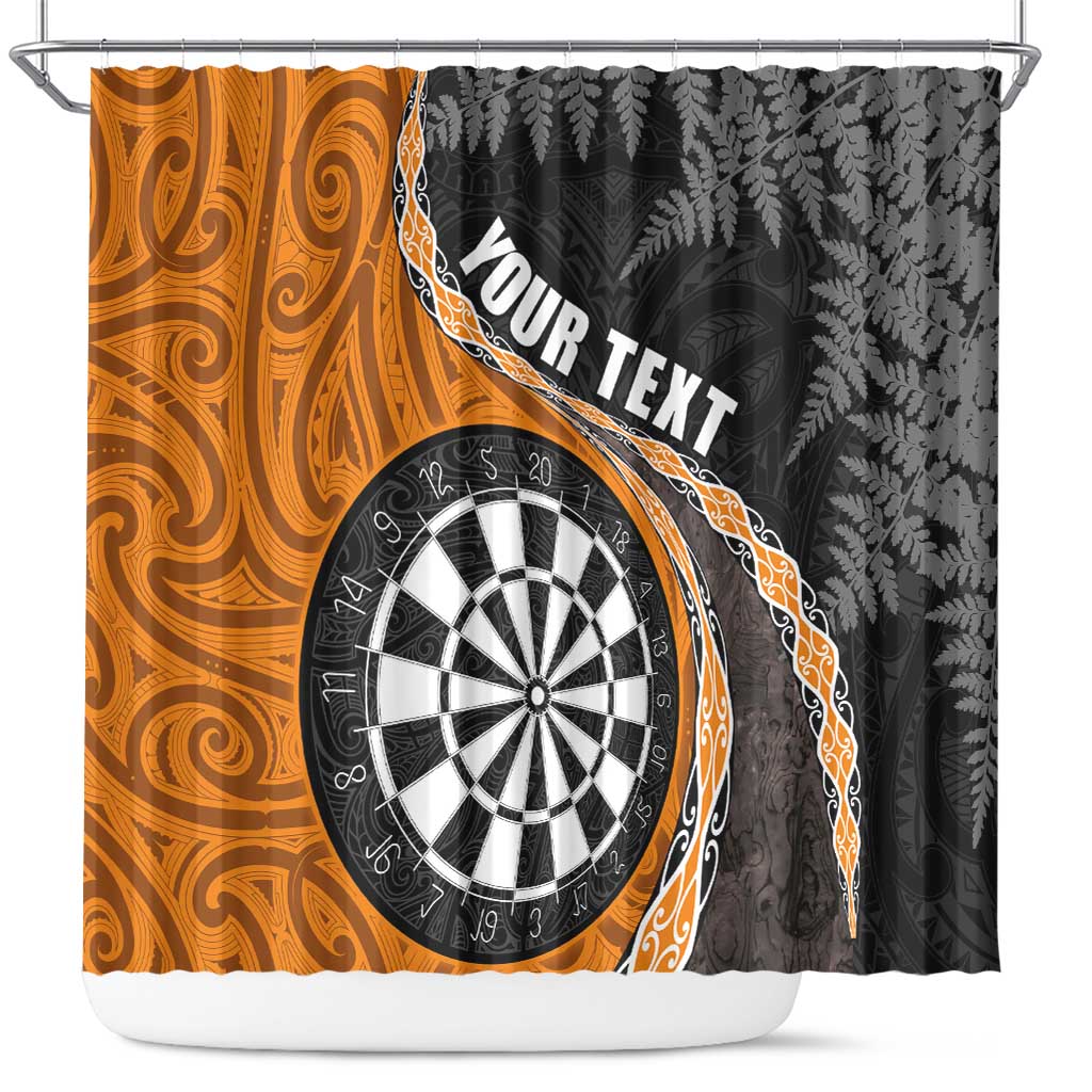 Personalised New Zealand Darts Shower Curtain Koru Tribal Tattoo and Silver Fern Maori Pattern Orange Color