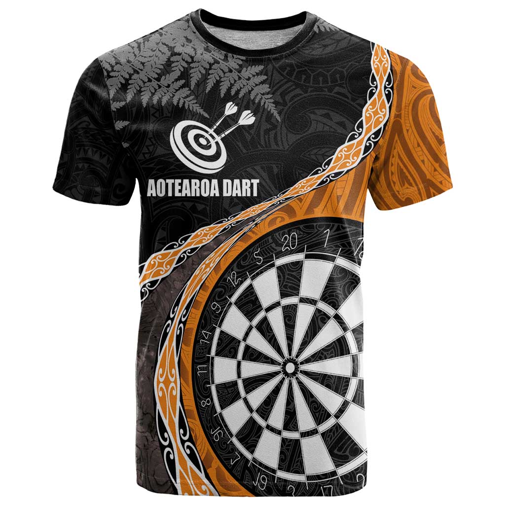 Personalised New Zealand Darts T Shirt Koru Tribal Tattoo and Silver Fern Maori Pattern Orange Color