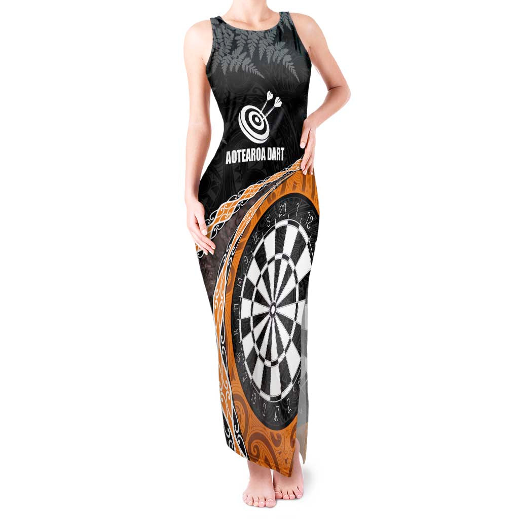 Personalised New Zealand Darts Tank Maxi Dress Koru Tribal Tattoo and Silver Fern Maori Pattern Orange Color