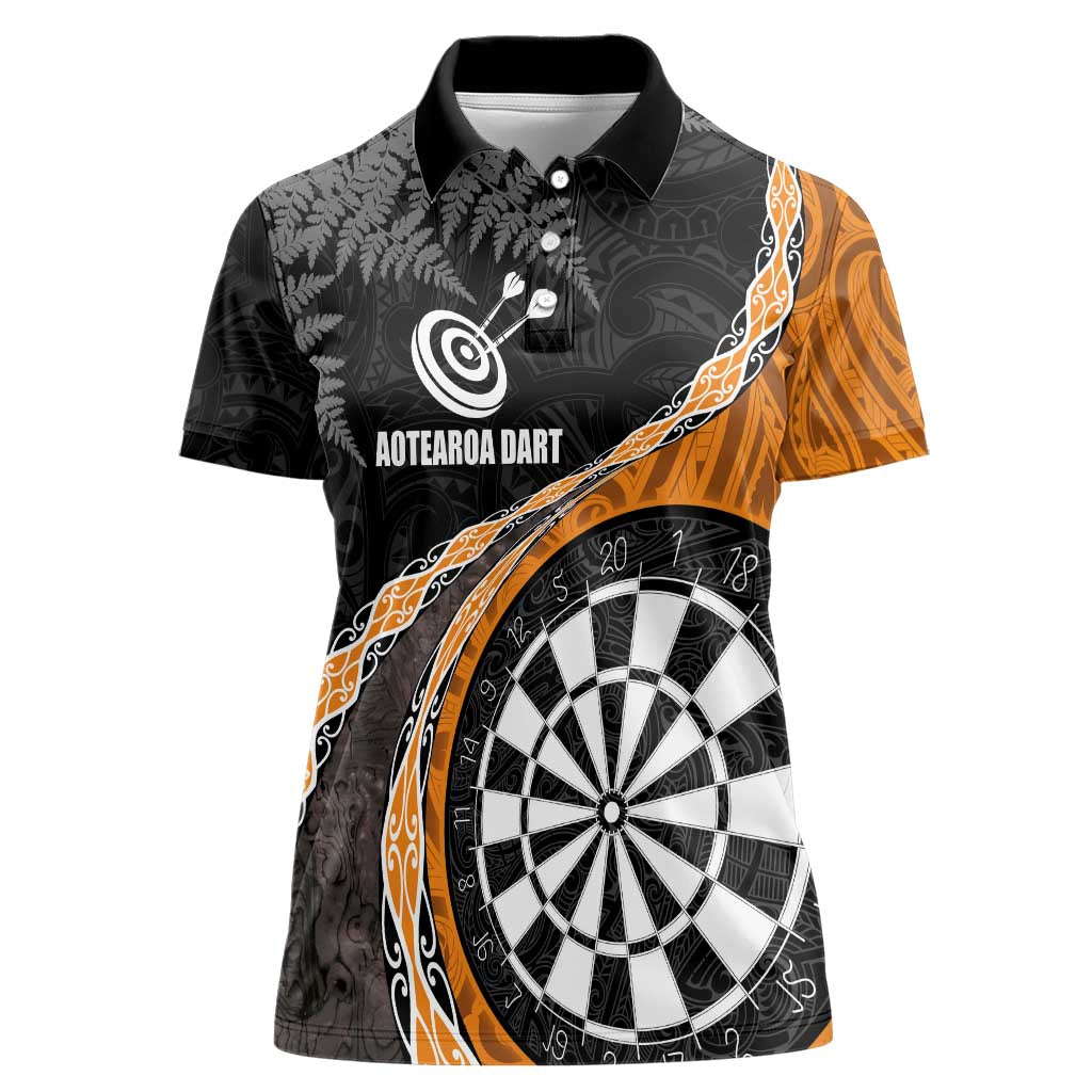 Personalised New Zealand Darts Women Polo Shirt Koru Tribal Tattoo and Silver Fern Maori Pattern Orange Color