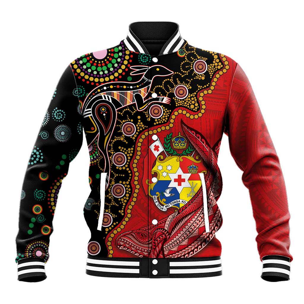 Tonga Ngatu and Australia Together Baseball Jacket Polynesian Humpback Whale and Aboriginal Kangaroo LT03 Unisex Red - Polynesian Pride
