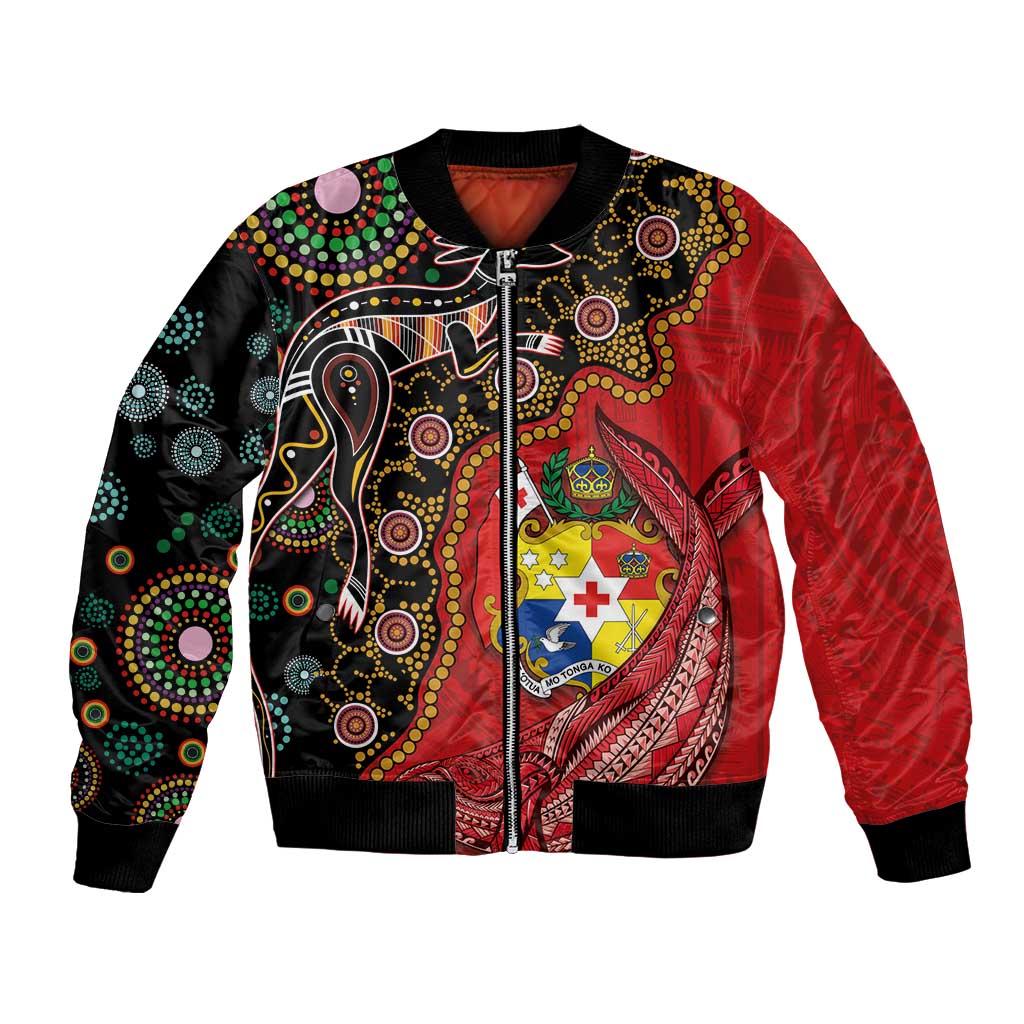 Tonga Ngatu and Australia Together Bomber Jacket Polynesian Humpback Whale and Aboriginal Kangaroo