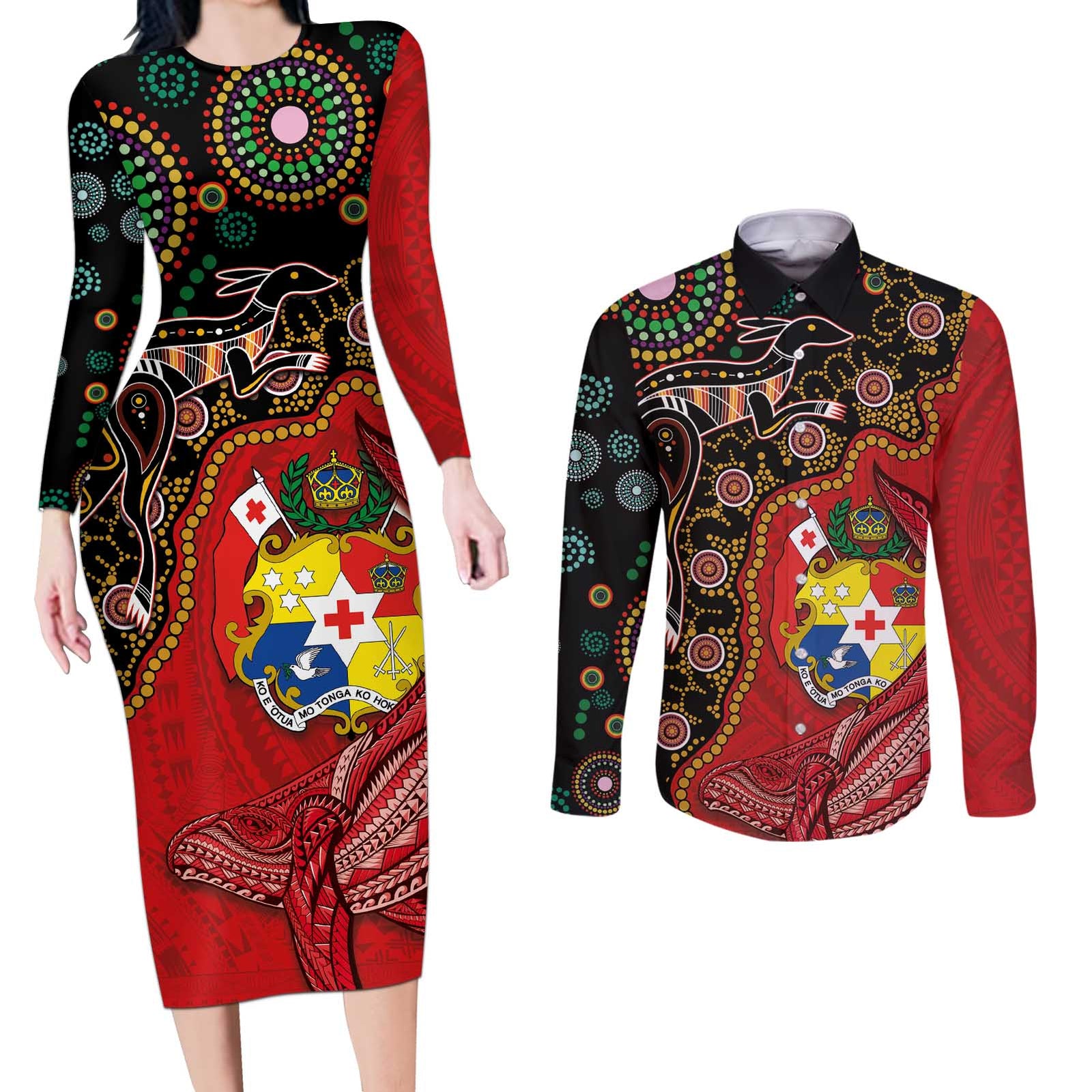 Tonga Ngatu and Australia Together Couples Matching Long Sleeve Bodycon Dress and Long Sleeve Button Shirt Polynesian Humpback Whale and Aboriginal Kangaroo LT03 Red - Polynesian Pride
