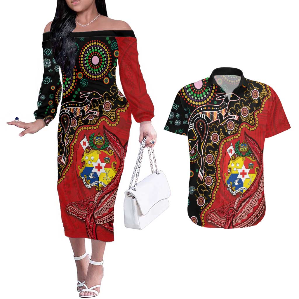 Tonga Ngatu and Australia Together Couples Matching Off The Shoulder Long Sleeve Dress and Hawaiian Shirt Polynesian Humpback Whale and Aboriginal Kangaroo