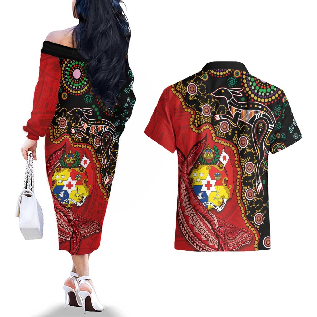 Tonga Ngatu and Australia Together Couples Matching Off The Shoulder Long Sleeve Dress and Hawaiian Shirt Polynesian Humpback Whale and Aboriginal Kangaroo