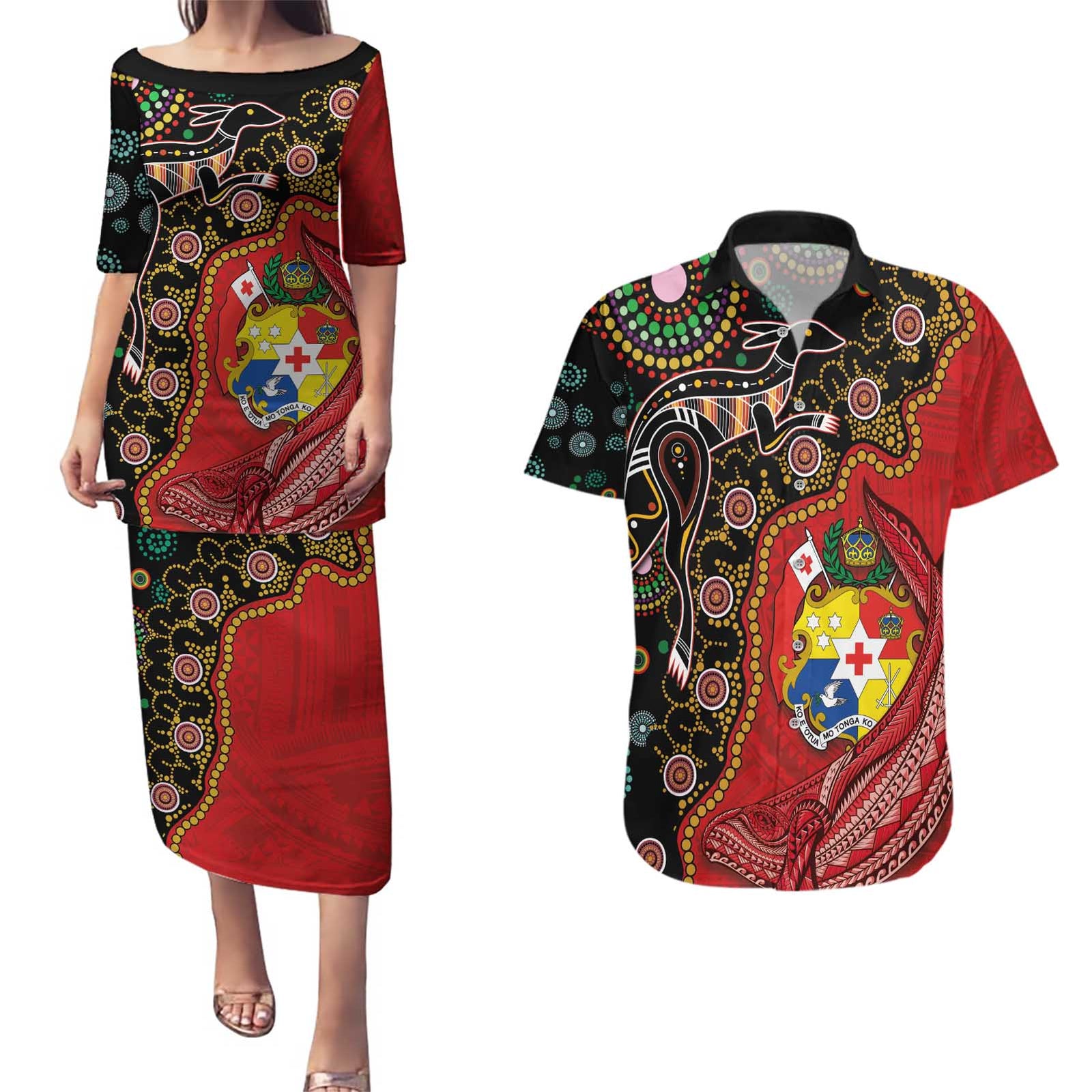Tonga Ngatu and Australia Together Couples Matching Puletasi and Hawaiian Shirt Polynesian Humpback Whale and Aboriginal Kangaroo LT03 Red - Polynesian Pride