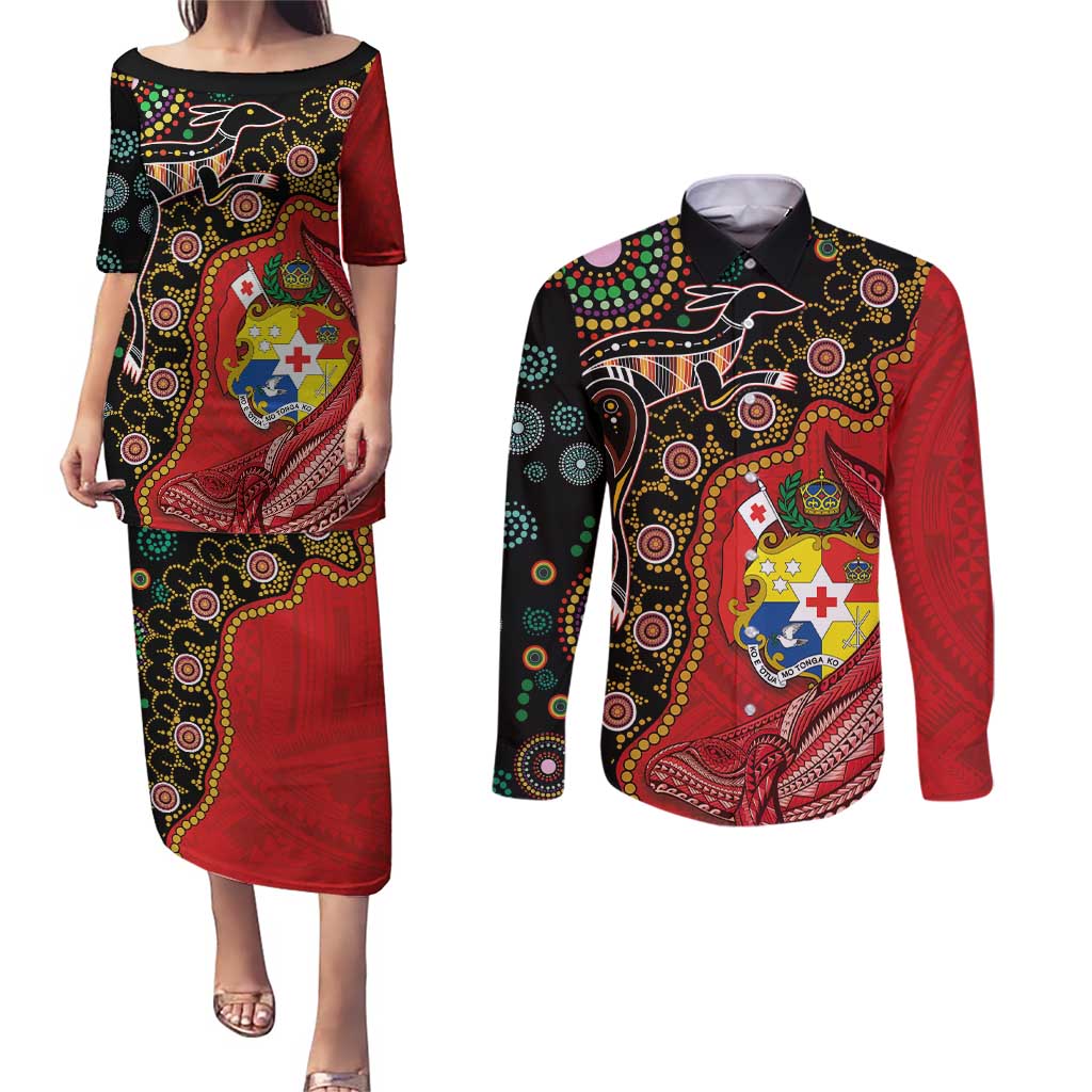 Tonga Ngatu and Australia Together Couples Matching Puletasi and Long Sleeve Button Shirt Polynesian Humpback Whale and Aboriginal Kangaroo LT03 Red - Polynesian Pride