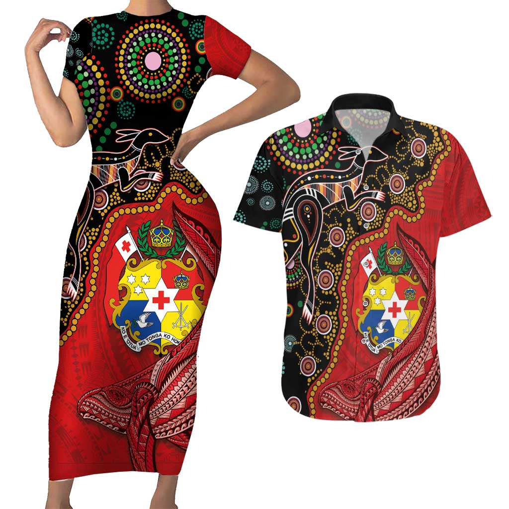Tonga Ngatu and Australia Together Couples Matching Short Sleeve Bodycon Dress and Hawaiian Shirt Polynesian Humpback Whale and Aboriginal Kangaroo LT03 Red - Polynesian Pride