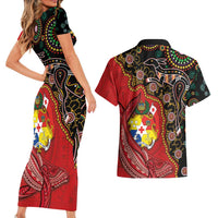 Tonga Ngatu and Australia Together Couples Matching Short Sleeve Bodycon Dress and Hawaiian Shirt Polynesian Humpback Whale and Aboriginal Kangaroo