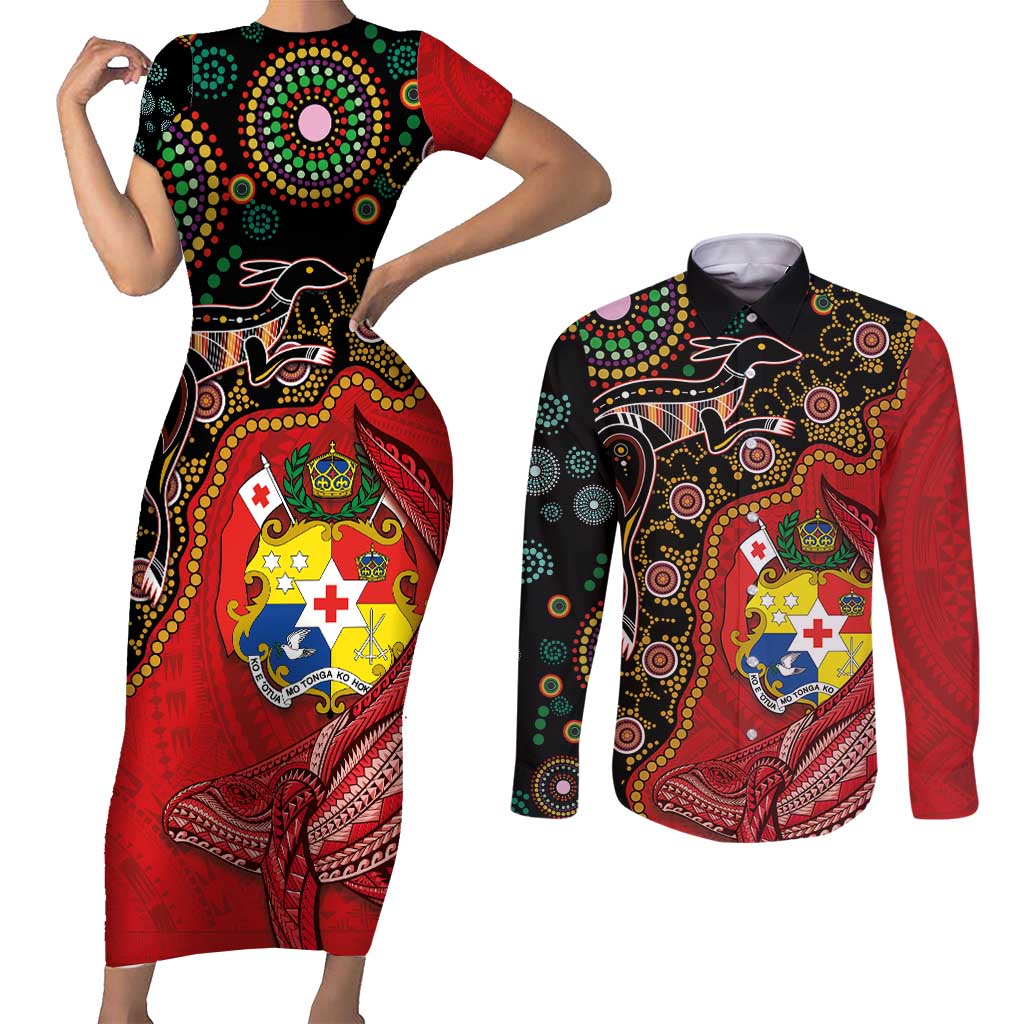 Tonga Ngatu and Australia Together Couples Matching Short Sleeve Bodycon Dress and Long Sleeve Button Shirt Polynesian Humpback Whale and Aboriginal Kangaroo LT03 Red - Polynesian Pride