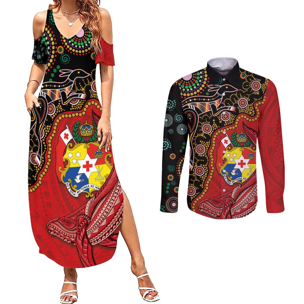 Tonga Ngatu and Australia Together Couples Matching Summer Maxi Dress and Long Sleeve Button Shirt Polynesian Humpback Whale and Aboriginal Kangaroo LT03 Red - Polynesian Pride