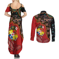 Tonga Ngatu and Australia Together Couples Matching Summer Maxi Dress and Long Sleeve Button Shirt Polynesian Humpback Whale and Aboriginal Kangaroo LT03 - Polynesian Pride