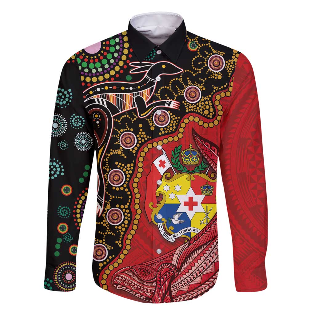 Tonga Ngatu and Australia Together Family Matching Long Sleeve Bodycon Dress and Hawaiian Shirt Polynesian Humpback Whale and Aboriginal Kangaroo LT03 Dad's Shirt - Long Sleeve Red - Polynesian Pride