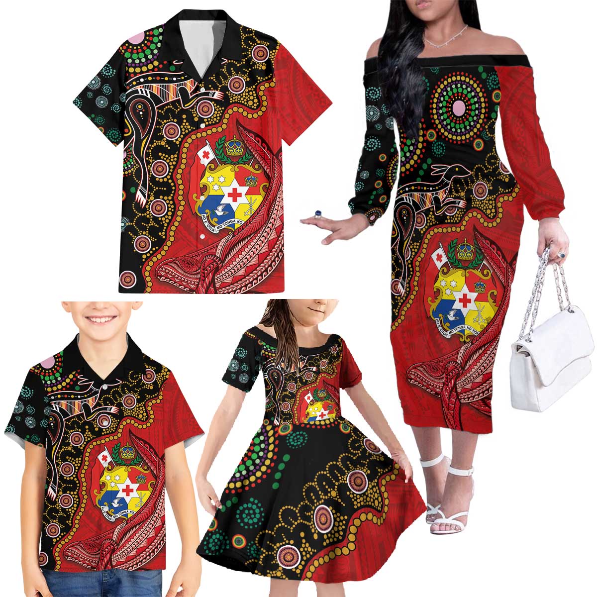 Tonga Ngatu and Australia Together Family Matching Off The Shoulder Long Sleeve Dress and Hawaiian Shirt Polynesian Humpback Whale and Aboriginal Kangaroo LT03 - Polynesian Pride