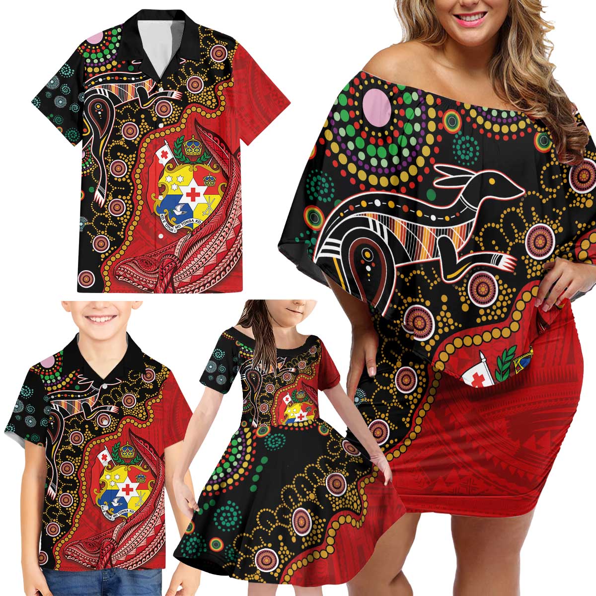 Tonga Ngatu and Australia Together Family Matching Off Shoulder Short Dress and Hawaiian Shirt Polynesian Humpback Whale and Aboriginal Kangaroo