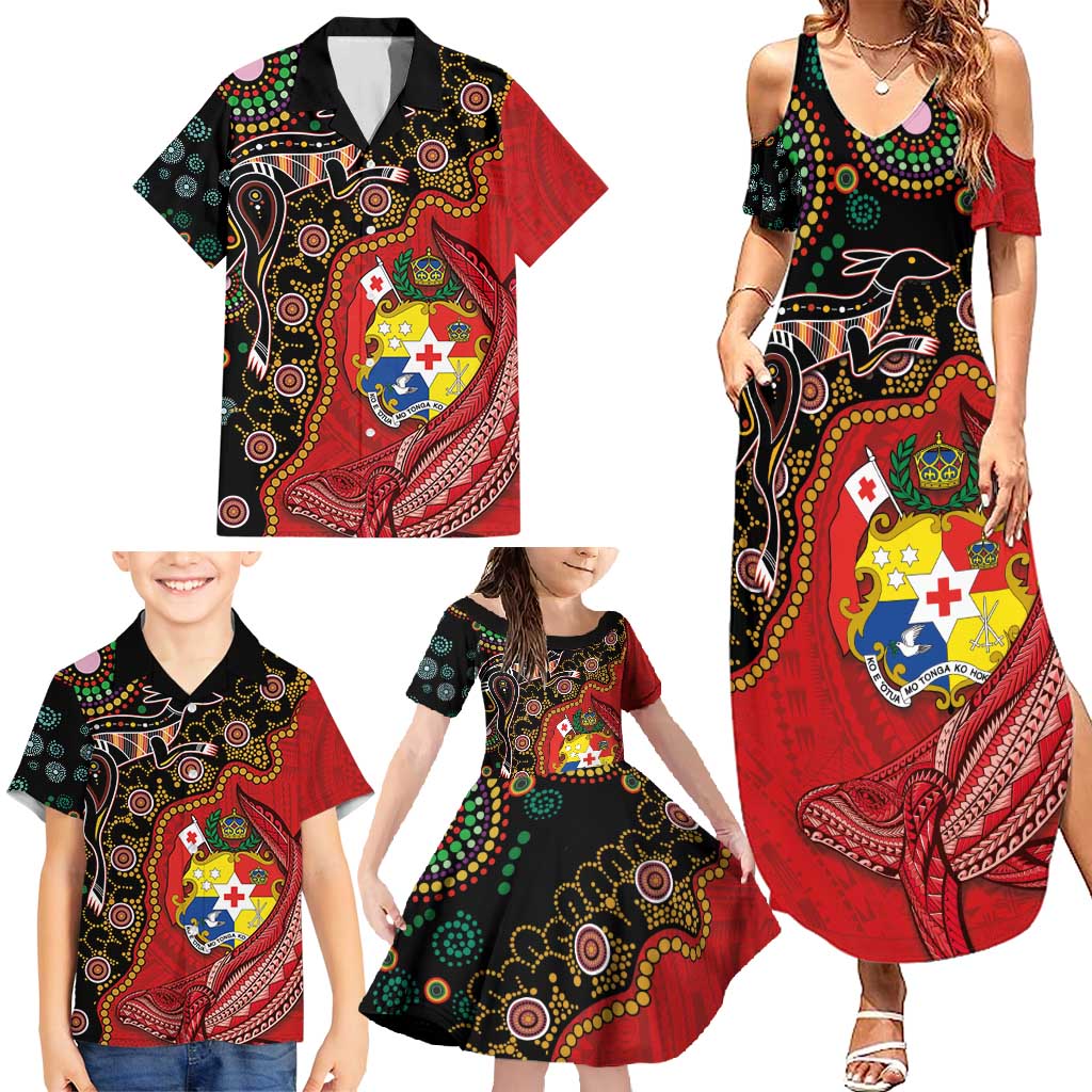 Tonga Ngatu and Australia Together Family Matching Summer Maxi Dress and Hawaiian Shirt Polynesian Humpback Whale and Aboriginal Kangaroo LT03 - Polynesian Pride