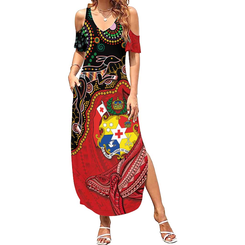 Tonga Ngatu and Australia Together Family Matching Summer Maxi Dress and Hawaiian Shirt Polynesian Humpback Whale and Aboriginal Kangaroo