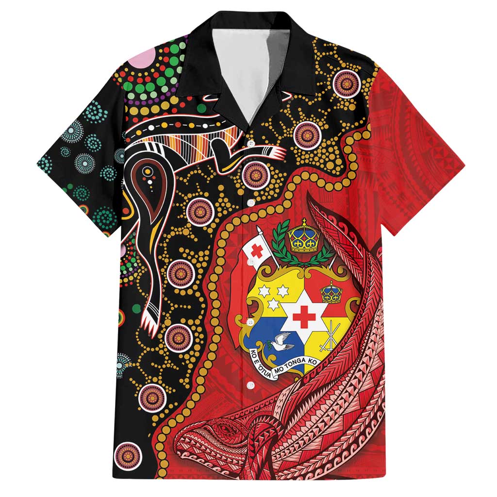 Tonga Ngatu and Australia Together Hawaiian Shirt Polynesian Humpback Whale and Aboriginal Kangaroo LT03 Red - Polynesian Pride