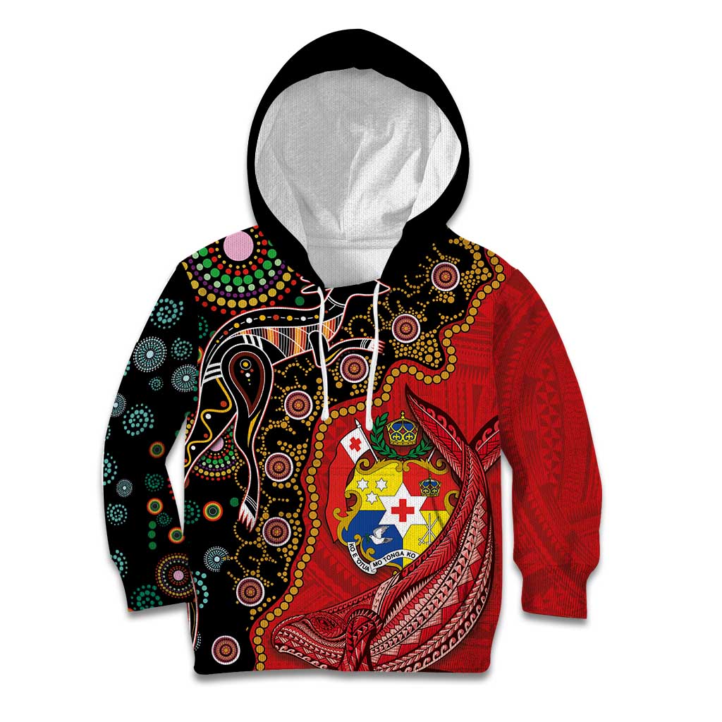 Tonga Ngatu and Australia Together Kid Hoodie Polynesian Humpback Whale and Aboriginal Kangaroo
