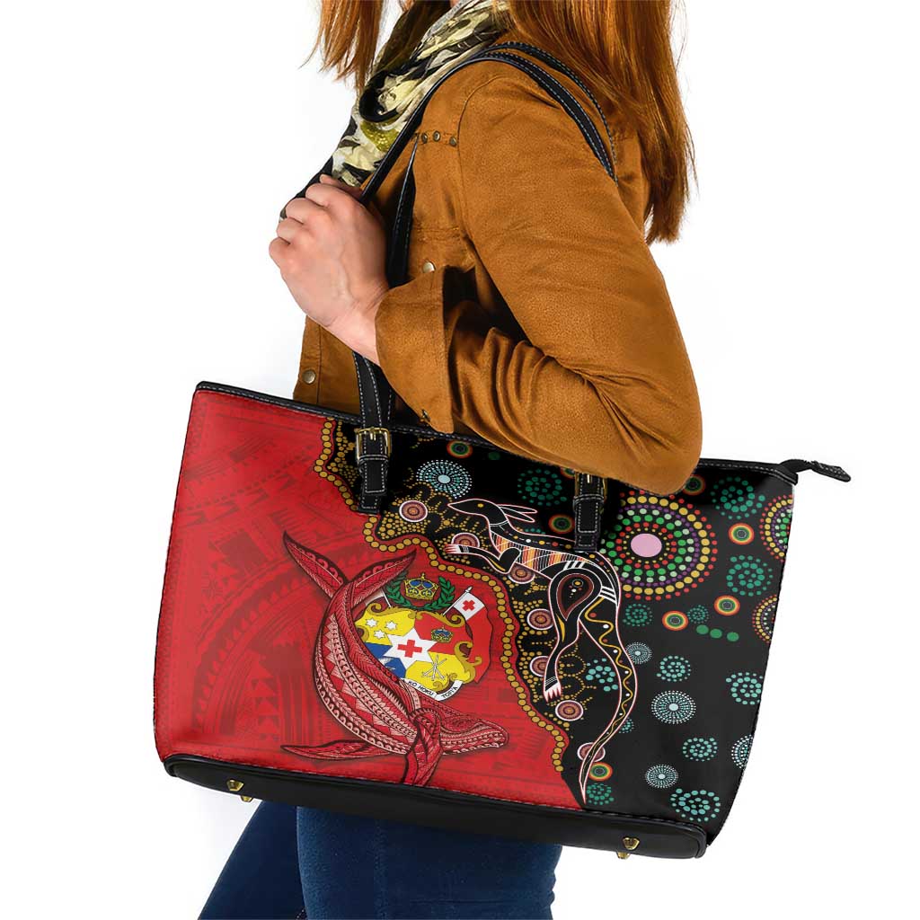 Tonga Ngatu and Australia Together Leather Tote Bag Polynesian Humpback Whale and Aboriginal Kangaroo LT03 Red - Polynesian Pride