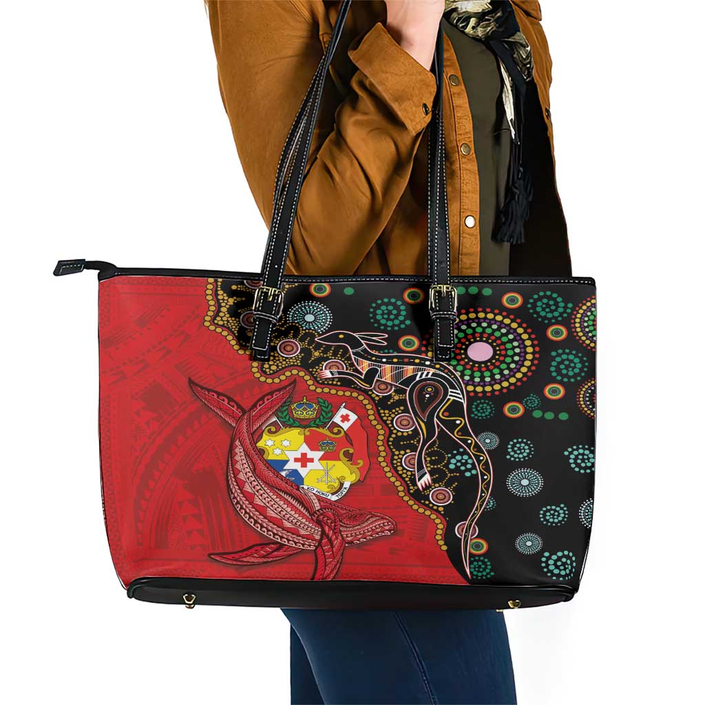 Tonga Ngatu and Australia Together Leather Tote Bag Polynesian Humpback Whale and Aboriginal Kangaroo LT03 - Polynesian Pride