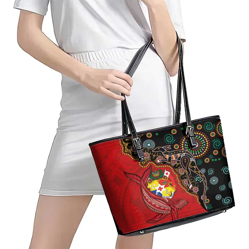 Tonga Ngatu and Australia Together Leather Tote Bag Polynesian Humpback Whale and Aboriginal Kangaroo LT03 - Polynesian Pride