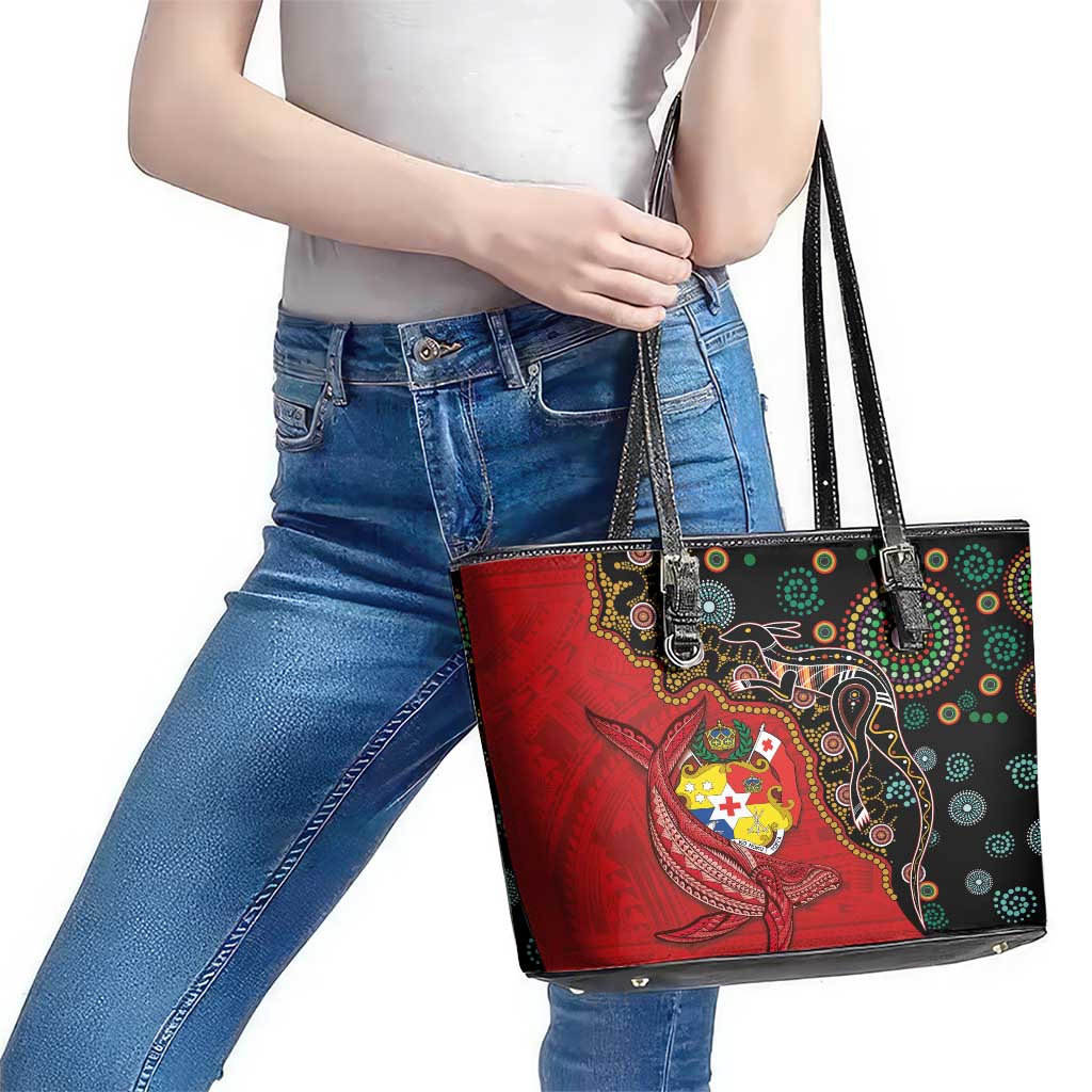 Tonga Ngatu and Australia Together Leather Tote Bag Polynesian Humpback Whale and Aboriginal Kangaroo LT03 - Polynesian Pride