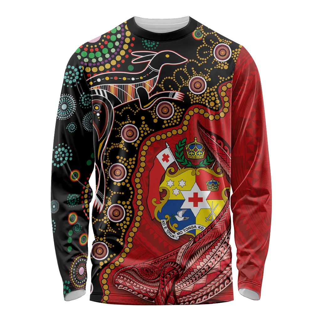 Tonga Ngatu and Australia Together Long Sleeve Shirt Polynesian Humpback Whale and Aboriginal Kangaroo