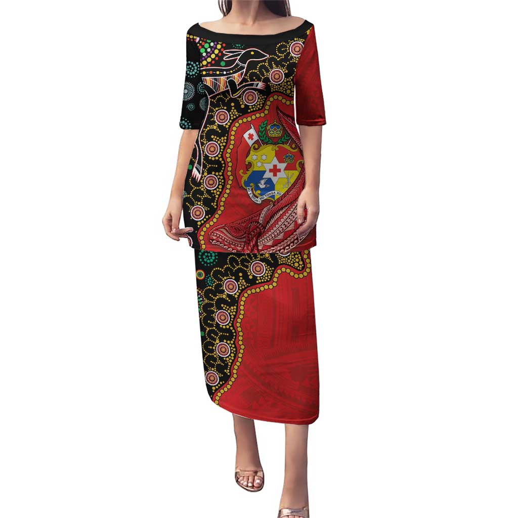 Tonga Ngatu and Australia Together Puletasi Polynesian Humpback Whale and Aboriginal Kangaroo LT03 Long Dress Red - Polynesian Pride