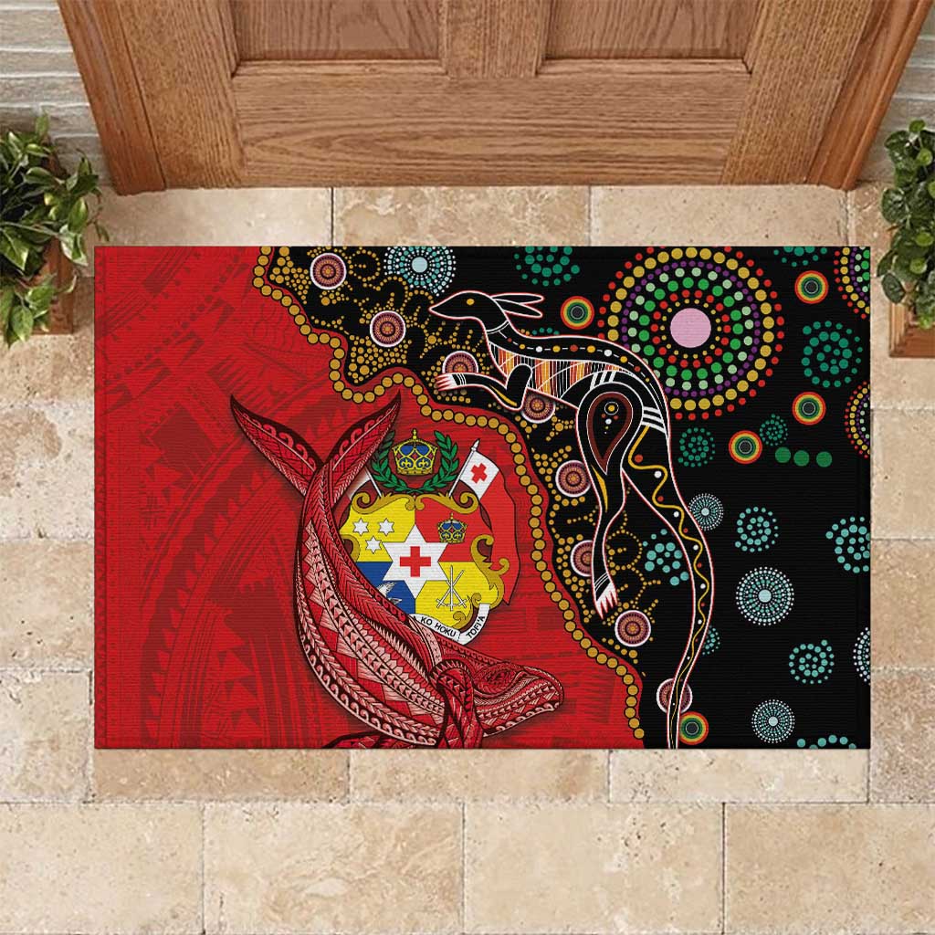 Tonga Ngatu and Australia Together Rubber Doormat Polynesian Humpback Whale and Aboriginal Kangaroo