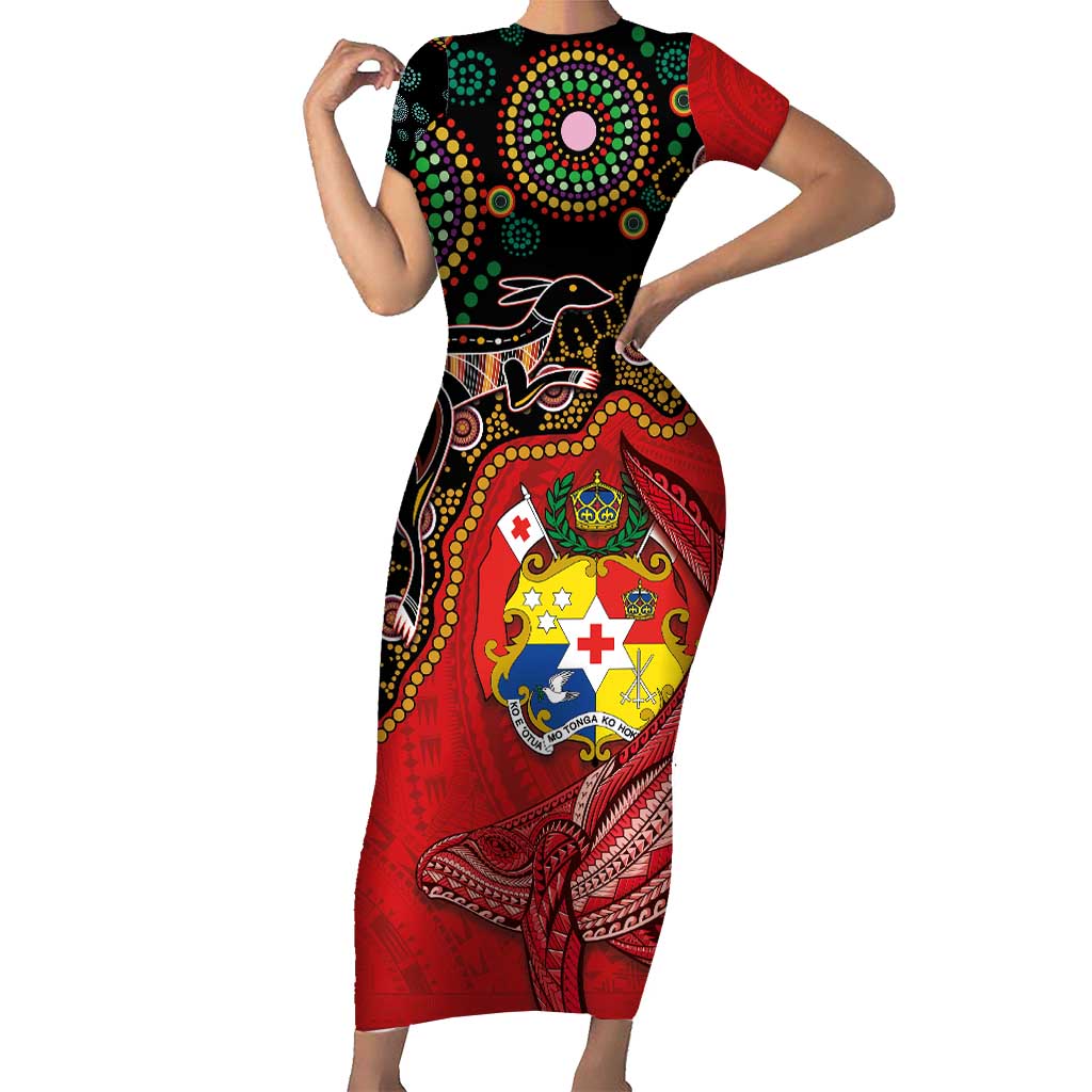 Tonga Ngatu and Australia Together Short Sleeve Bodycon Dress Polynesian Humpback Whale and Aboriginal Kangaroo