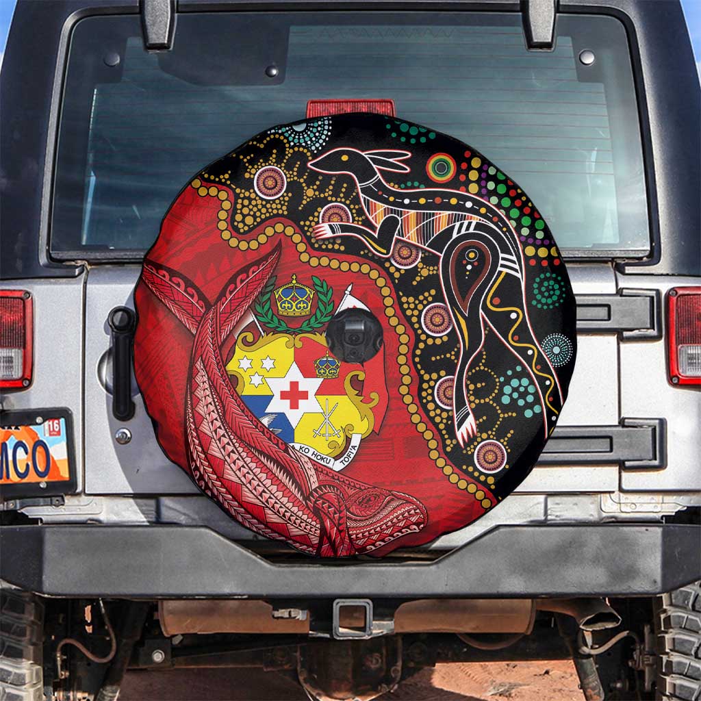 Tonga Ngatu and Australia Together Spare Tire Cover Polynesian Humpback Whale and Aboriginal Kangaroo LT03 Red - Polynesian Pride