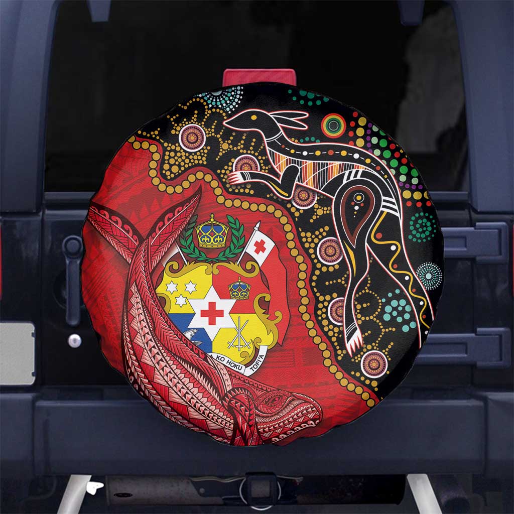 Tonga Ngatu and Australia Together Spare Tire Cover Polynesian Humpback Whale and Aboriginal Kangaroo LT03 - Polynesian Pride