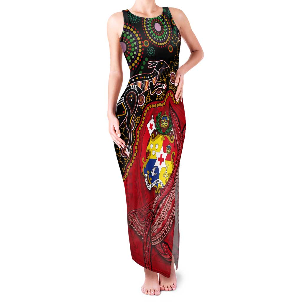 Tonga Ngatu and Australia Together Tank Maxi Dress Polynesian Humpback Whale and Aboriginal Kangaroo LT03 Women Red - Polynesian Pride