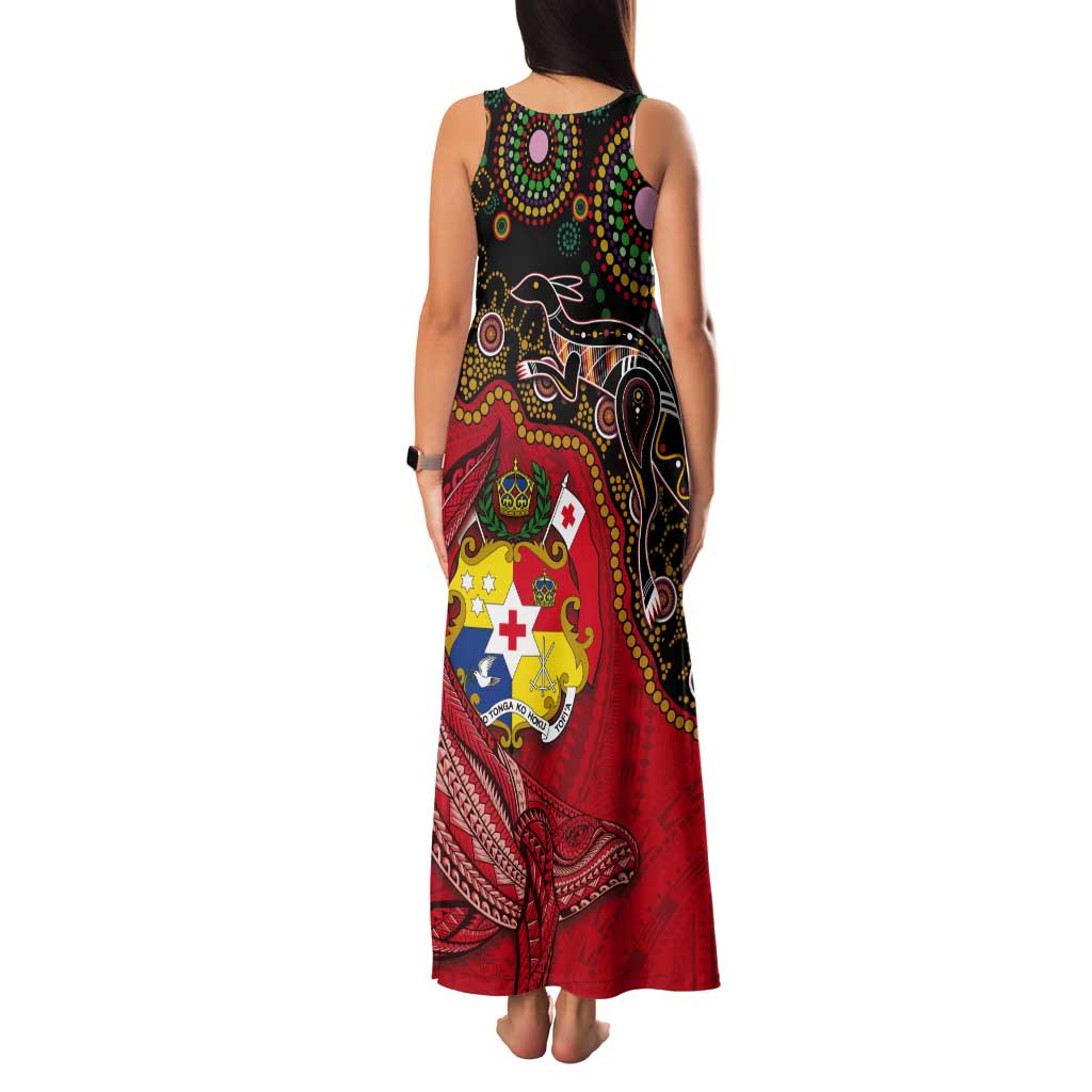 Tonga Ngatu and Australia Together Tank Maxi Dress Polynesian Humpback Whale and Aboriginal Kangaroo LT03 - Polynesian Pride