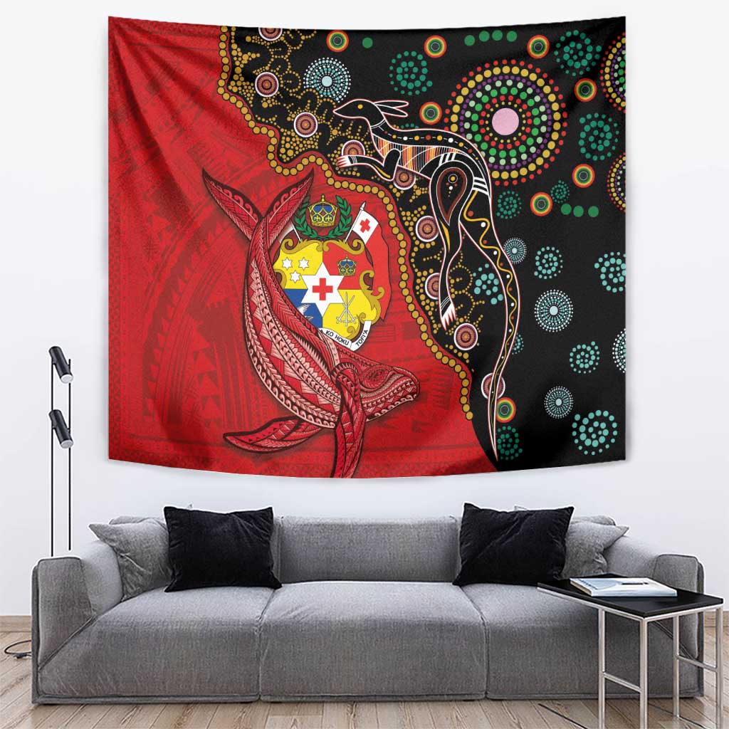 Tonga Ngatu and Australia Together Tapestry Polynesian Humpback Whale and Aboriginal Kangaroo