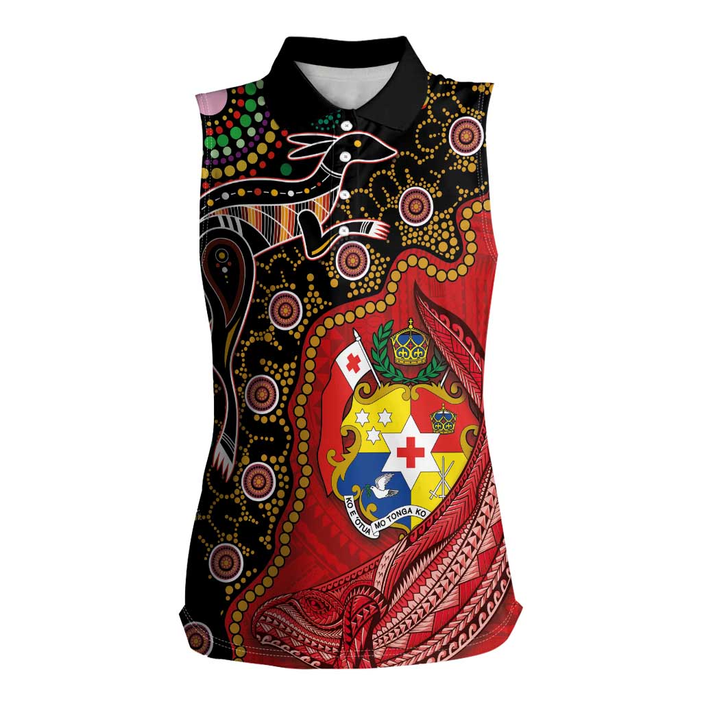 Tonga Ngatu and Australia Together Women Sleeveless Polo Shirt Polynesian Humpback Whale and Aboriginal Kangaroo