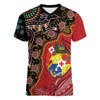 Tonga Ngatu and Australia Together Women V-Neck T-Shirt Polynesian Humpback Whale and Aboriginal Kangaroo