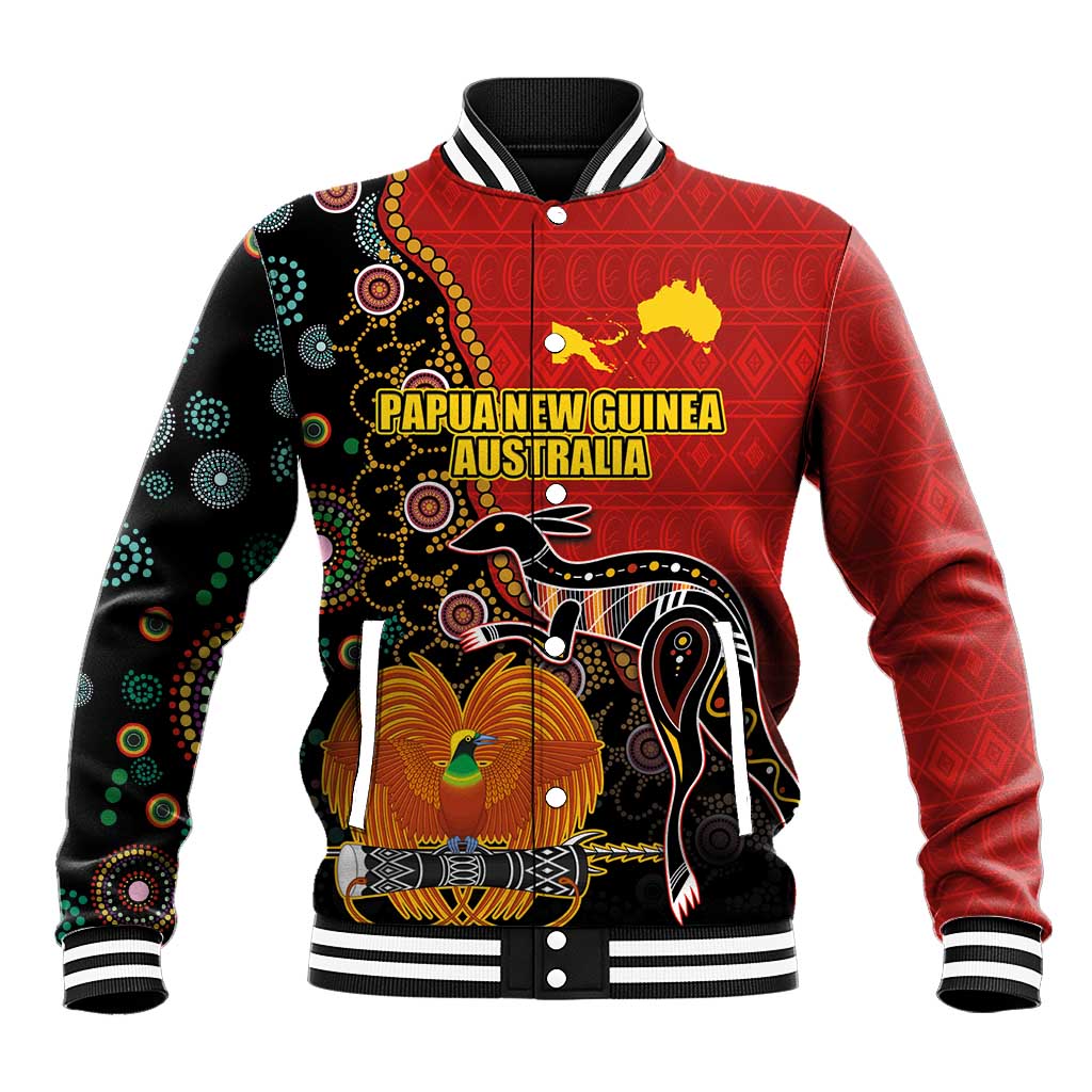 Personalised Papua New Guinea and Australia Together Baseball Jacket Bird-of-paradise and Kangaroo with Aboriginal Pattern LT03 Unisex Red - Polynesian Pride
