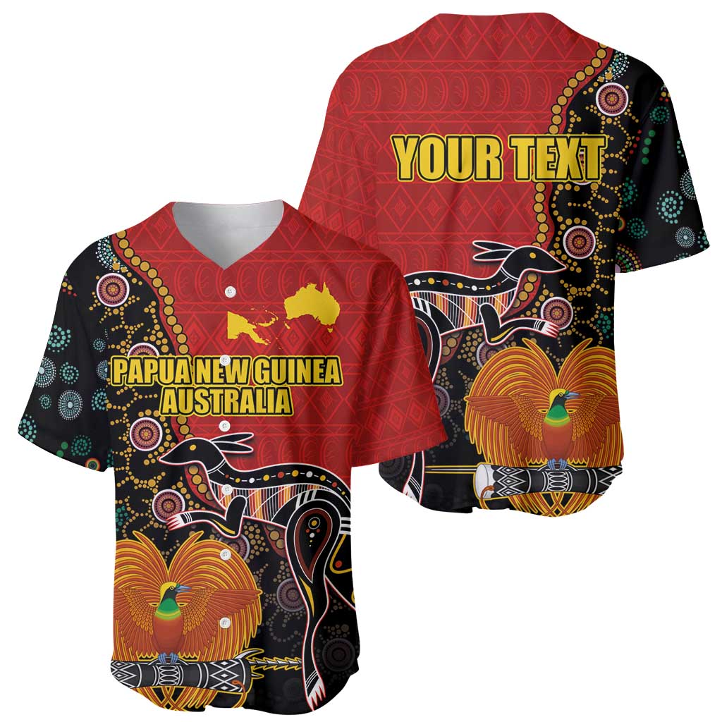 Personalised Papua New Guinea and Australia Together Baseball Jersey Bird-of-paradise and Kangaroo with Aboriginal Pattern