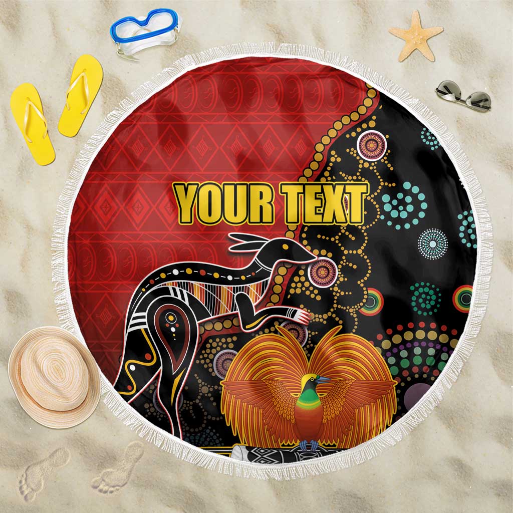 Personalised Papua New Guinea and Australia Together Beach Blanket Bird-of-paradise and Kangaroo with Aboriginal Pattern LT03 One Size 150cm Red - Polynesian Pride