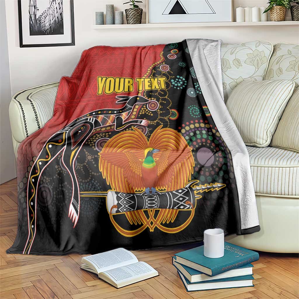 Personalised Papua New Guinea and Australia Together Blanket Bird-of-paradise and Kangaroo with Aboriginal Pattern LT03 Red - Polynesian Pride