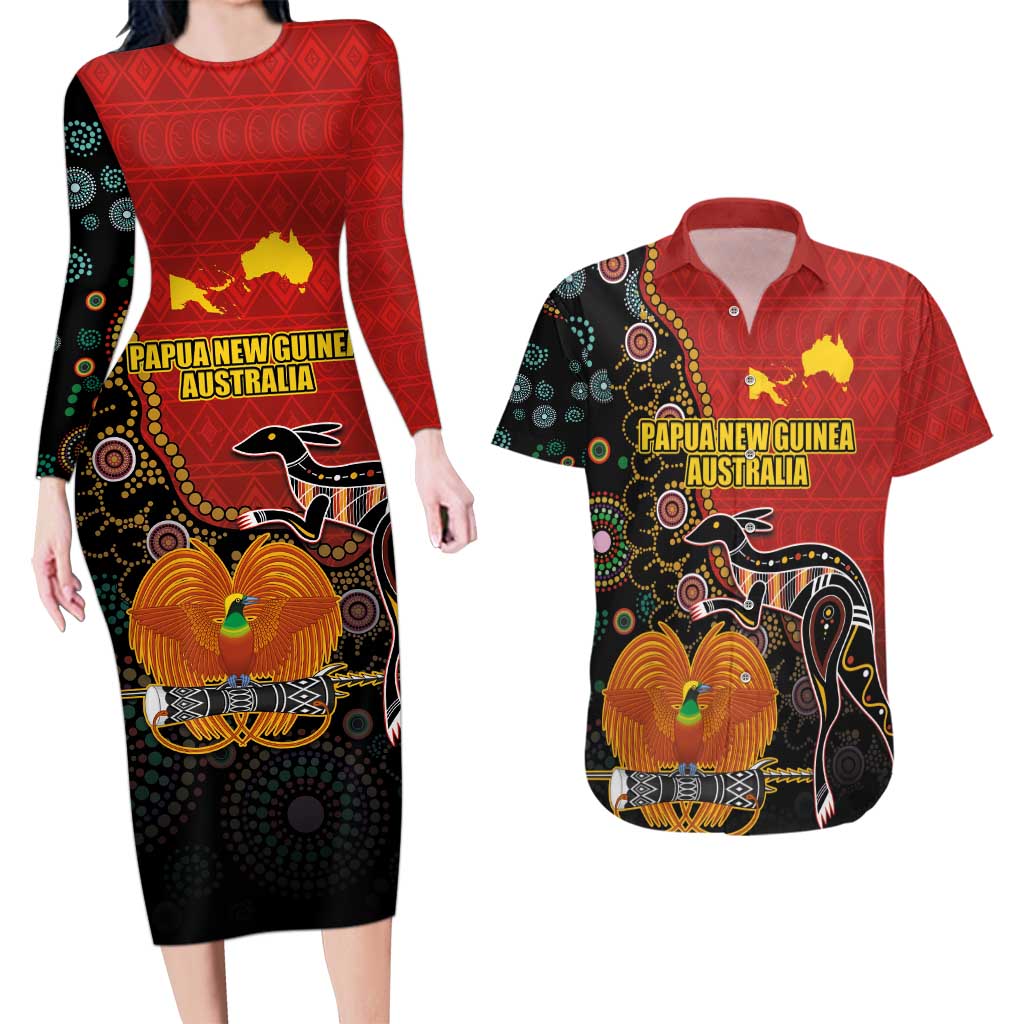 Personalised Papua New Guinea and Australia Together Couples Matching Long Sleeve Bodycon Dress and Hawaiian Shirt Bird-of-paradise and Kangaroo with Aboriginal Pattern